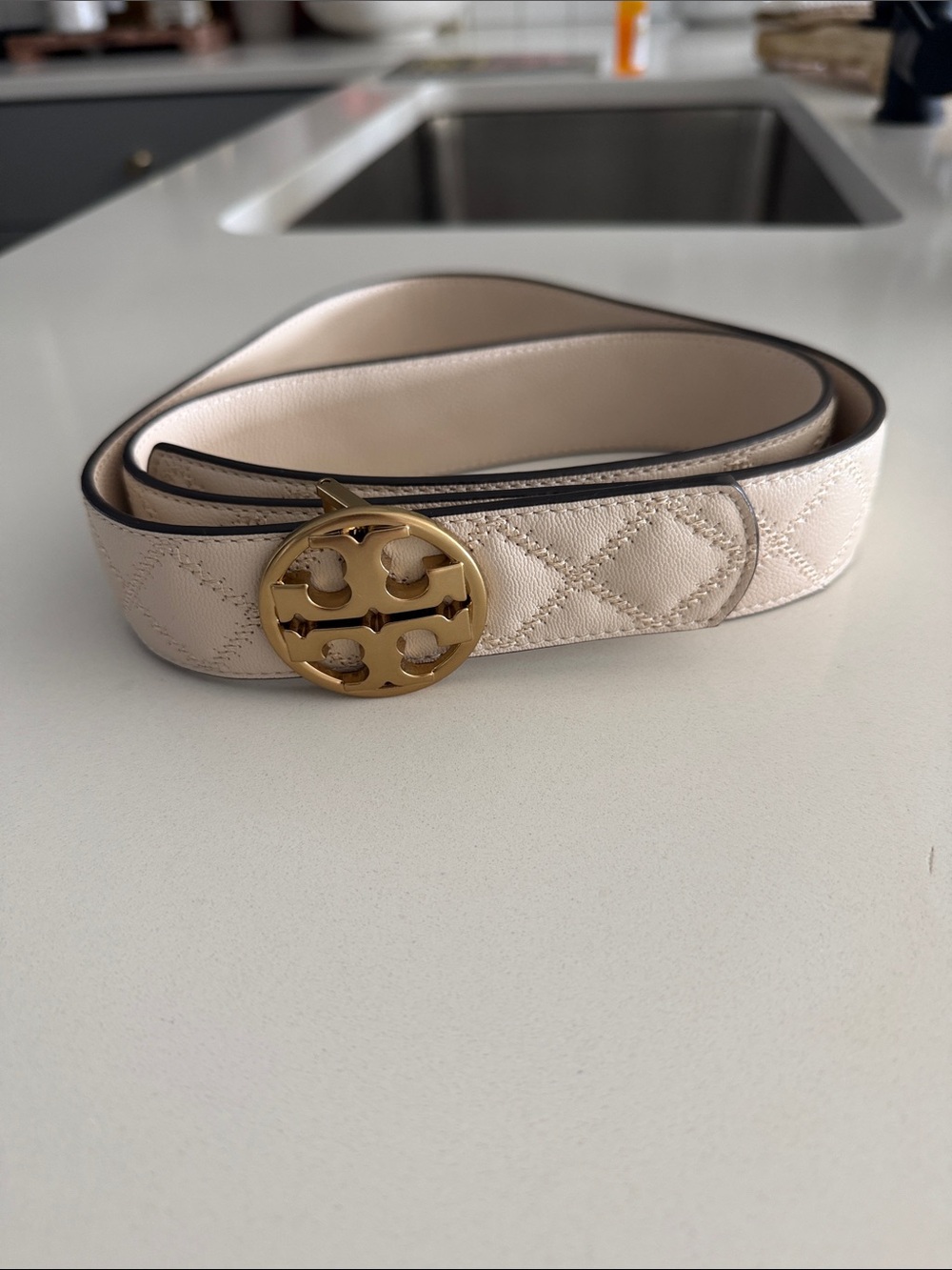 Tory Burch Cream Quilted Leather Belt with Gold Logo Buckle